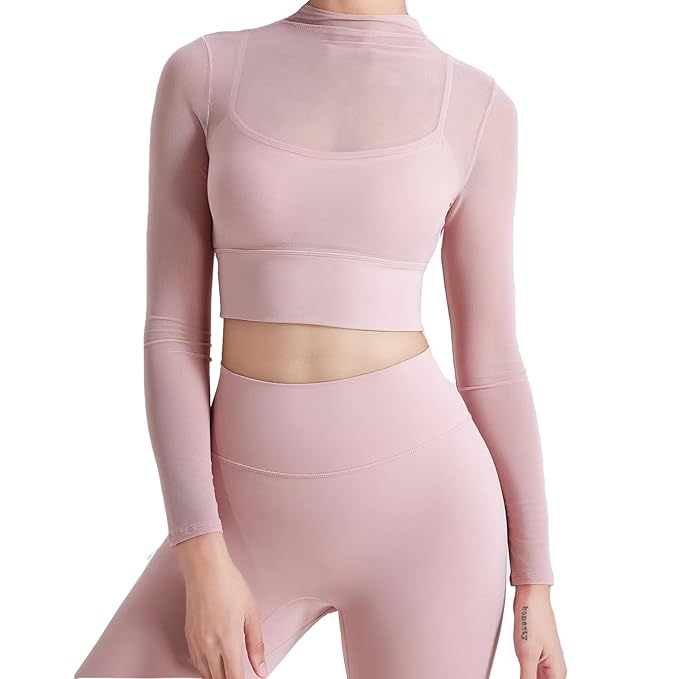 ICW Women Knitted Long Sleeves Sheer Mesh Chest Pad Running Sports Quick-Drying Mock Neck Workout Gym Yoga Crop Top T-Shirt 309